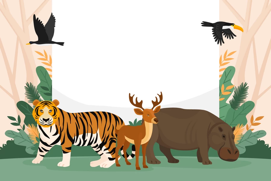卡通森林动物狮子老虎猴子长颈鹿海豚鸟兔子牛斑马插画海报AI素材【034】